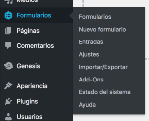 Menú en el panel de control de WordPress para Gravity Forms
