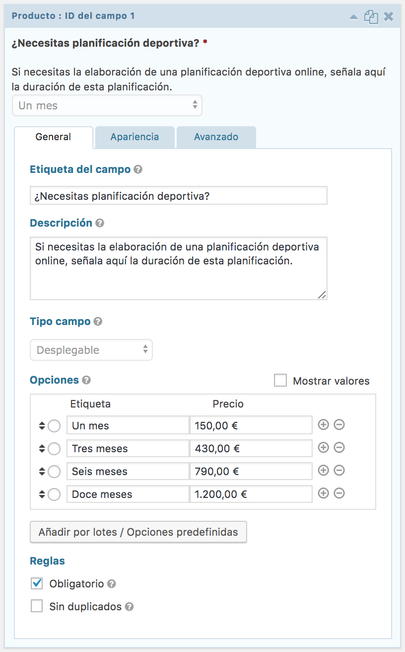 Estructura de la calculadora de presupuestos hecha con Gravity Forms