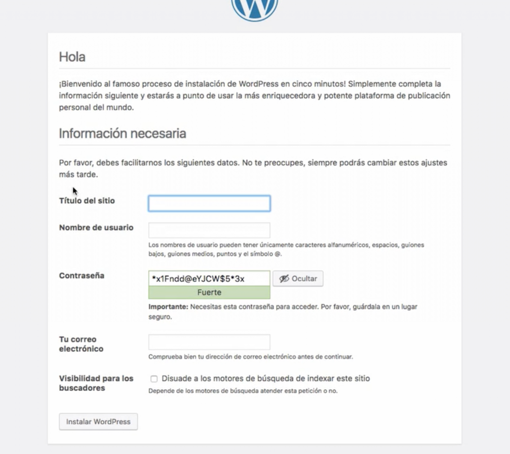 Asistente de configuración de WordPress