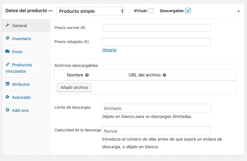 Añadiendo un producto descargable con Woocommerce