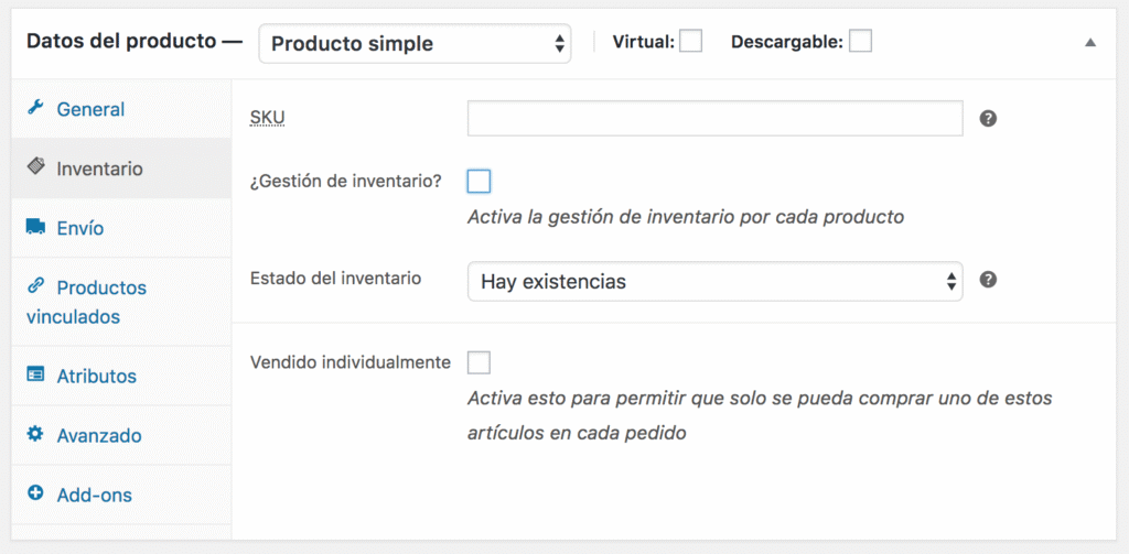 Configurar el inventario en woocommerce