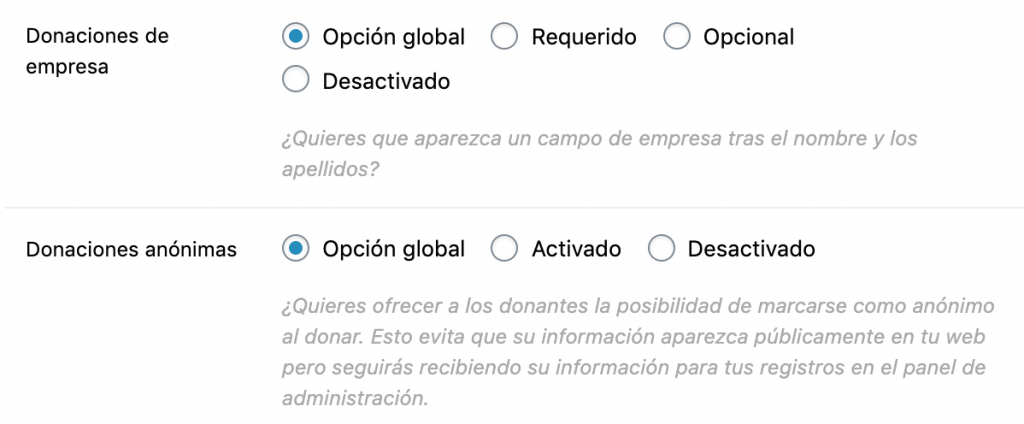 Configuración del tipo de donaciones