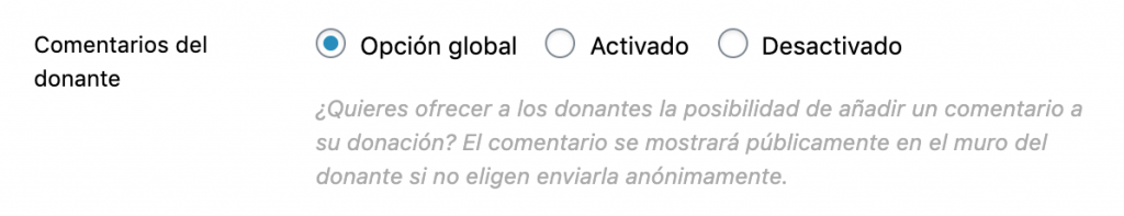 Configurar comentarios del donante