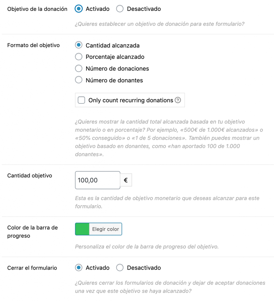 Configurar objetivo de recaudación