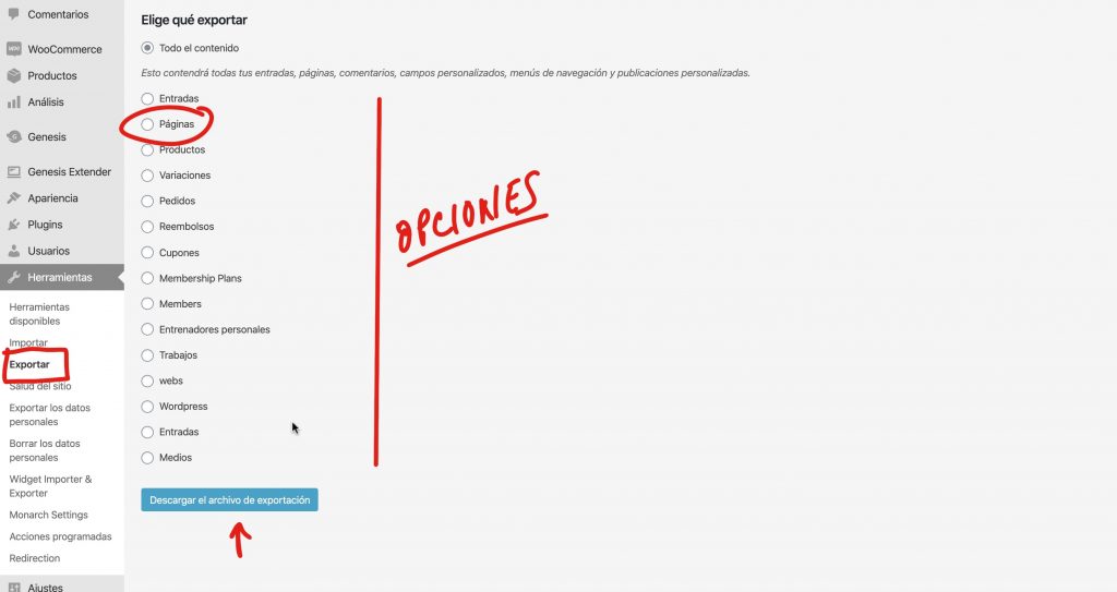 Exportar una página en wordpress